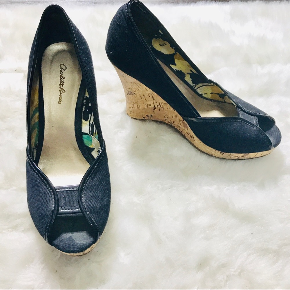 Charlotte Russe Black Canvas Peep Toe Natural Cork Wedges Size 6
